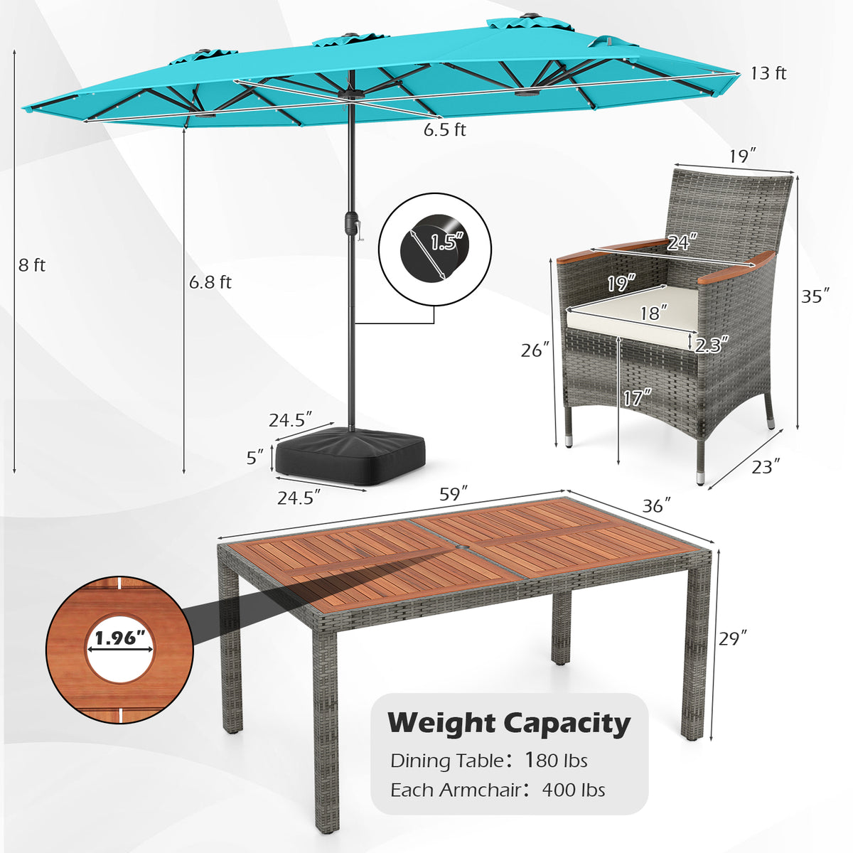 8 Piece Wicker Dining Set, 13.5 FT Patio Umbrella, Turquoise Patio Furniture Sets at Gallery Canada