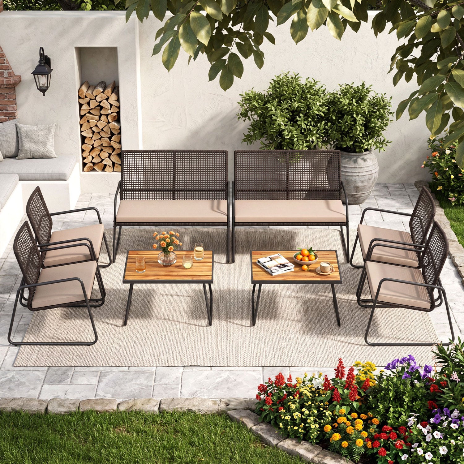 8-Piece Patio Set, Acacia Coffee Table, Cushions, Beige Patio Conversation Sets at Gallery Canada