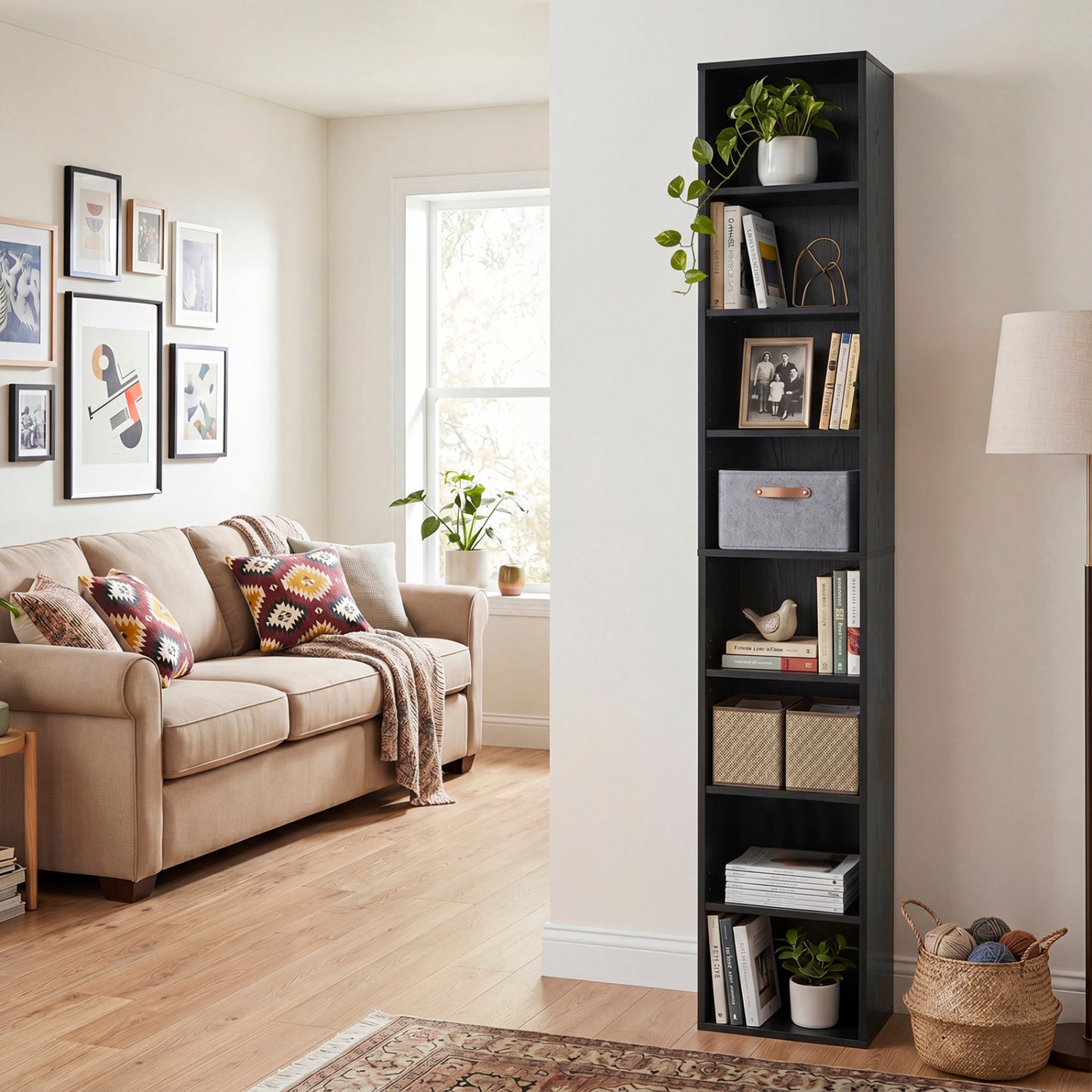 8-Tier Narrow Bookshelf, Adjustable Shelves, Storage Cubes, Black Bookcases at Gallery Canada