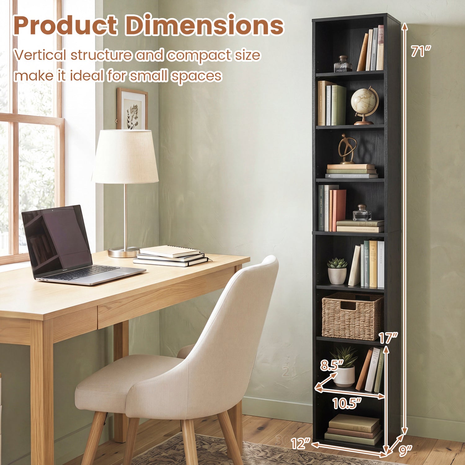8-Tier Narrow Bookshelf, Adjustable Shelves, Storage Cubes, Black Bookcases at Gallery Canada