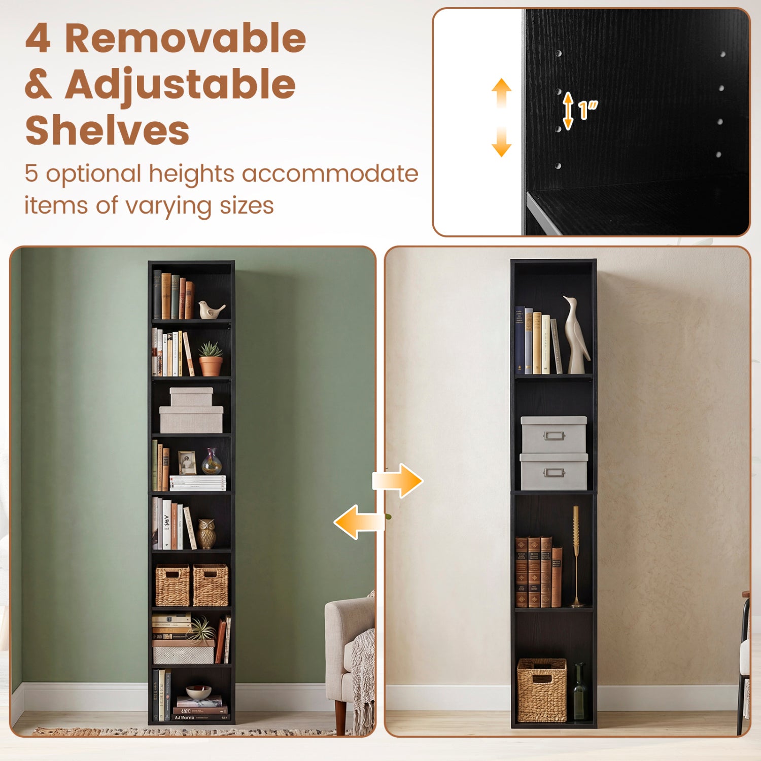 8-Tier Narrow Bookshelf, Adjustable Shelves, Storage Cubes, Black Bookcases at Gallery Canada