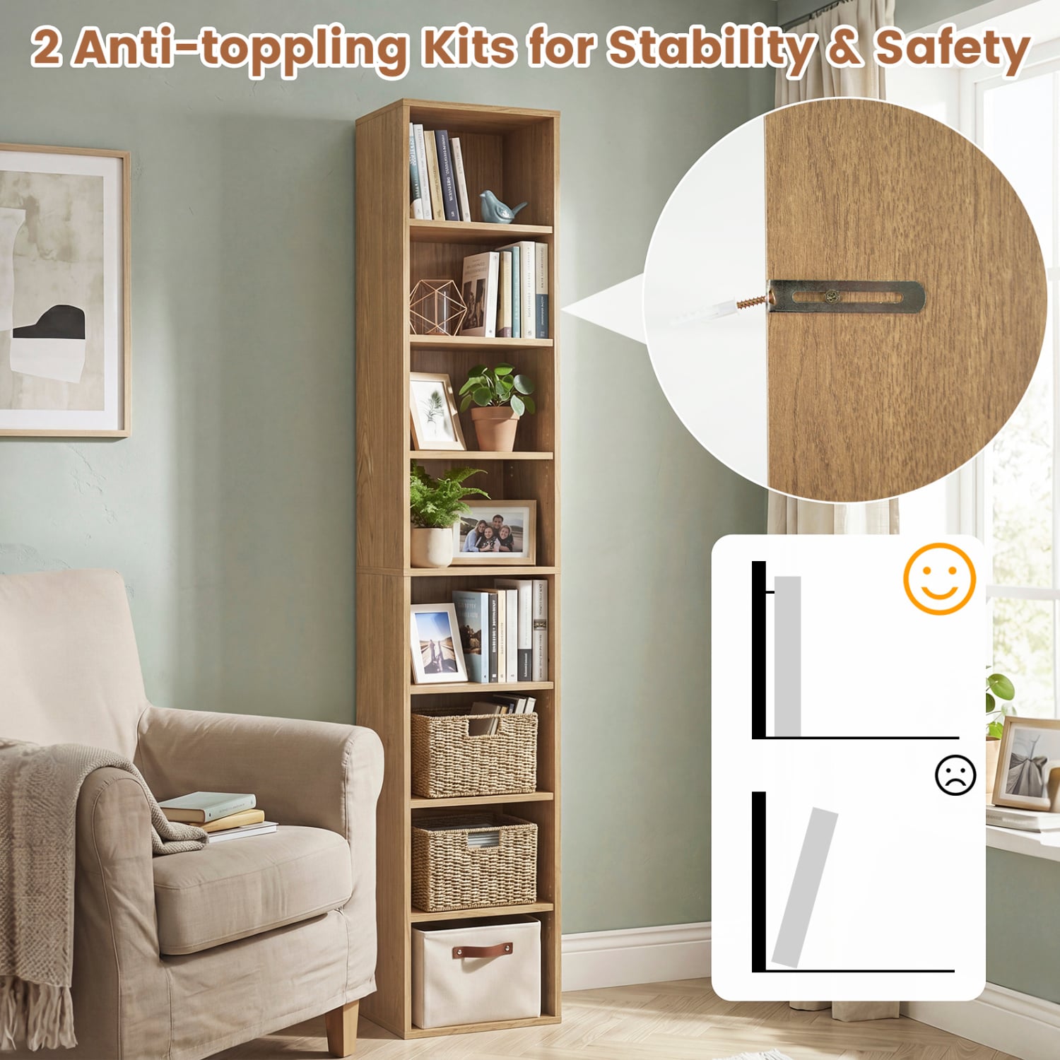8-Tier Narrow Bookshelf, Adjustable Shelves, Storage Cubes, Natural Bookcases at Gallery Canada