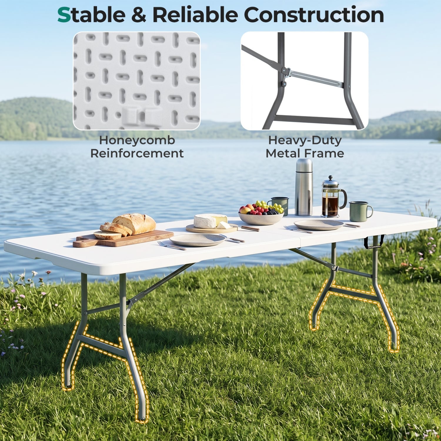 8 ft Portable Folding Table 350 LBS HDPE Tabletop, White Camping Furniture at Gallery Canada