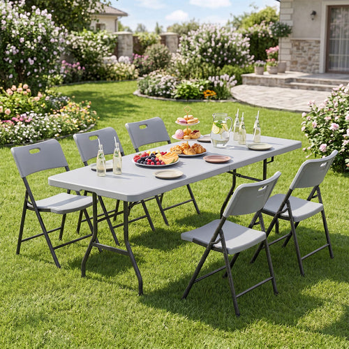 8 ft Folding Table 350 LBS Fold-in-Half HDPE Tabletop, Gray