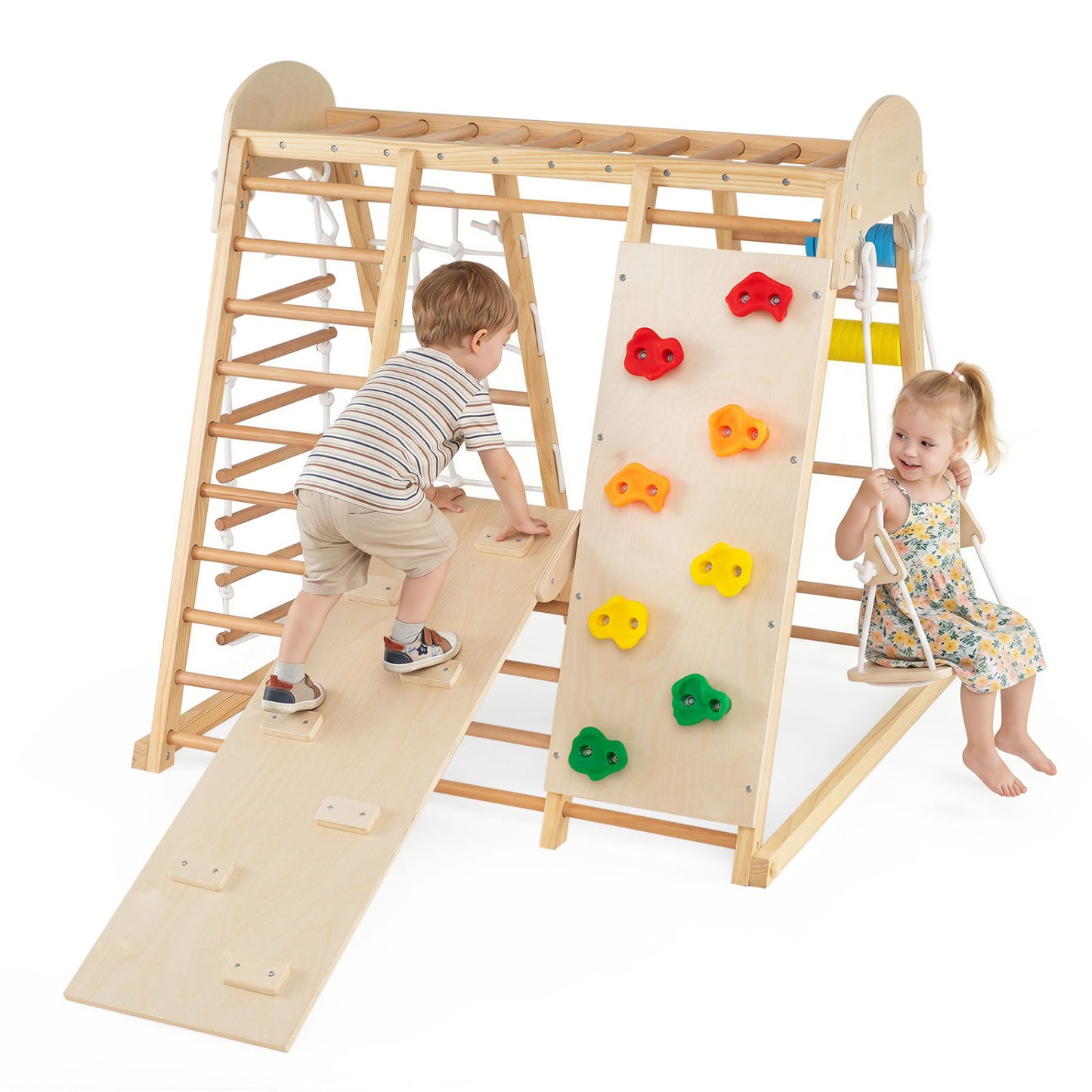 Foldable Indoor Jungle Gym For Kids With Swing, Monkey Bars, Natural Climbers & Slides Natural at Gallery Canada
