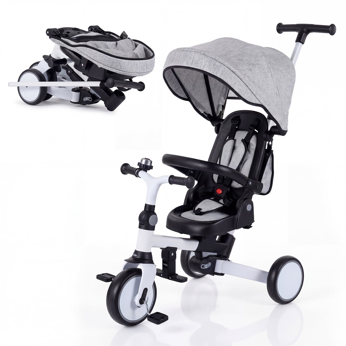 8-in-1 Folding Kids Tricycle with Removable Canopy and Push Handle, Gray Baby Strollers at Gallery Canada