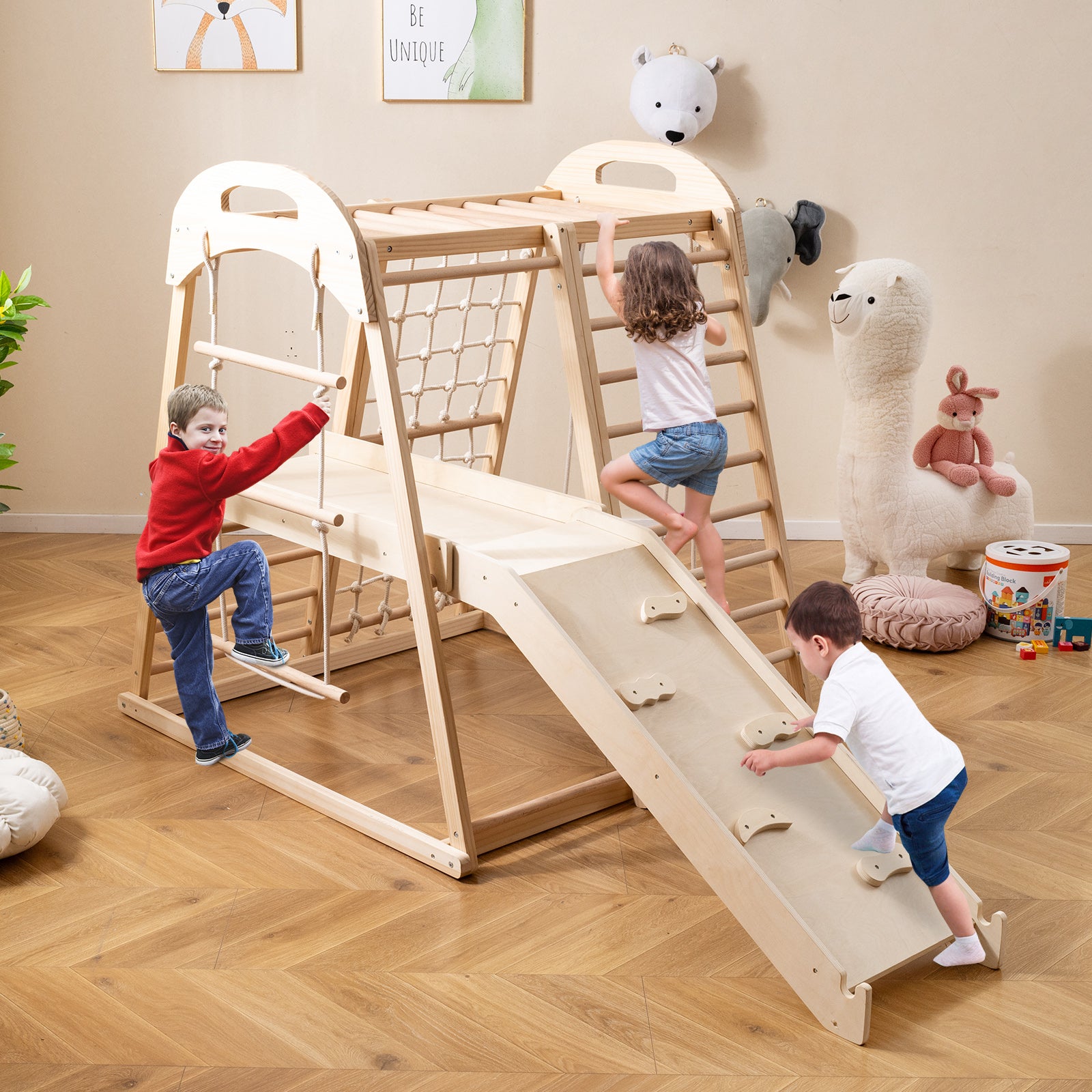 8-in-1 Jungle Gym Wooden Montessori Climber Playset with Slide and Monkey Bar for Kids 3-5 Years Old, Natural Climbers & Slides at Gallery Canada