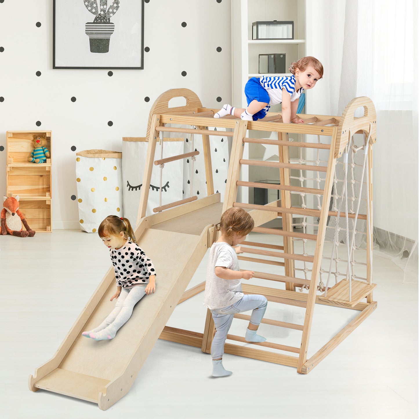 8-in-1 Jungle Gym Wooden Montessori Climber Playset with Slide and Monkey Bar for Kids 3-5 Years Old, Natural Climbers & Slides at Gallery Canada