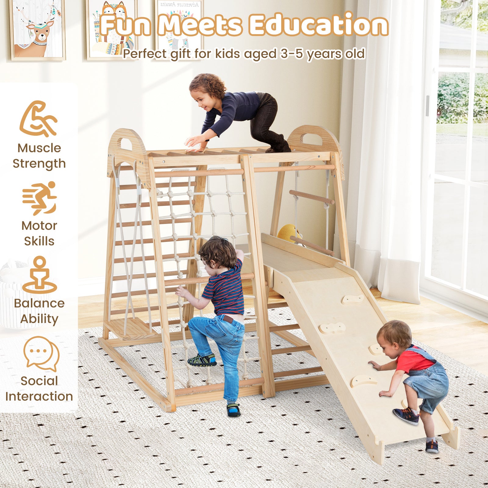 8-in-1 Jungle Gym Wooden Montessori Climber Playset with Slide and Monkey Bar for Kids 3-5 Years Old, Natural Climbers & Slides at Gallery Canada