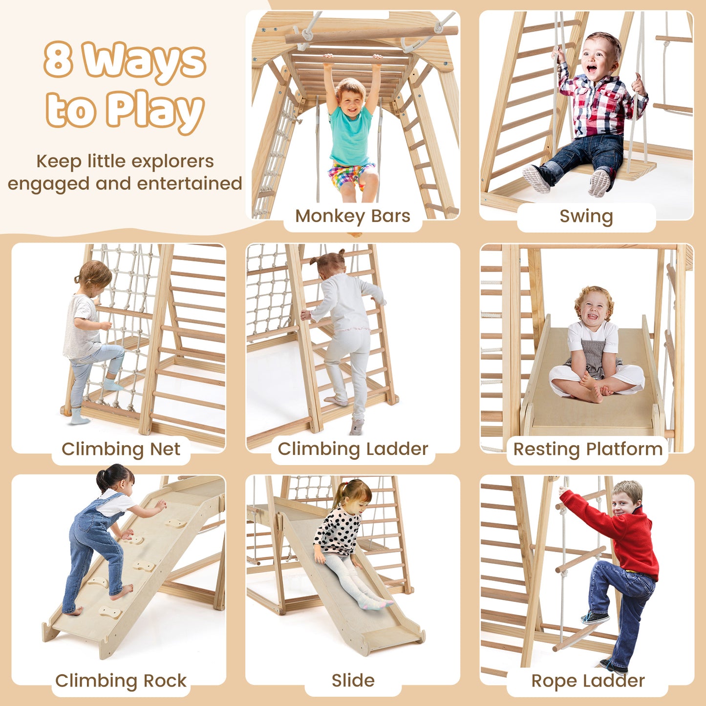 8-in-1 Jungle Gym Wooden Montessori Climber Playset with Slide and Monkey Bar for Kids 3-5 Years Old, Natural Climbers & Slides at Gallery Canada