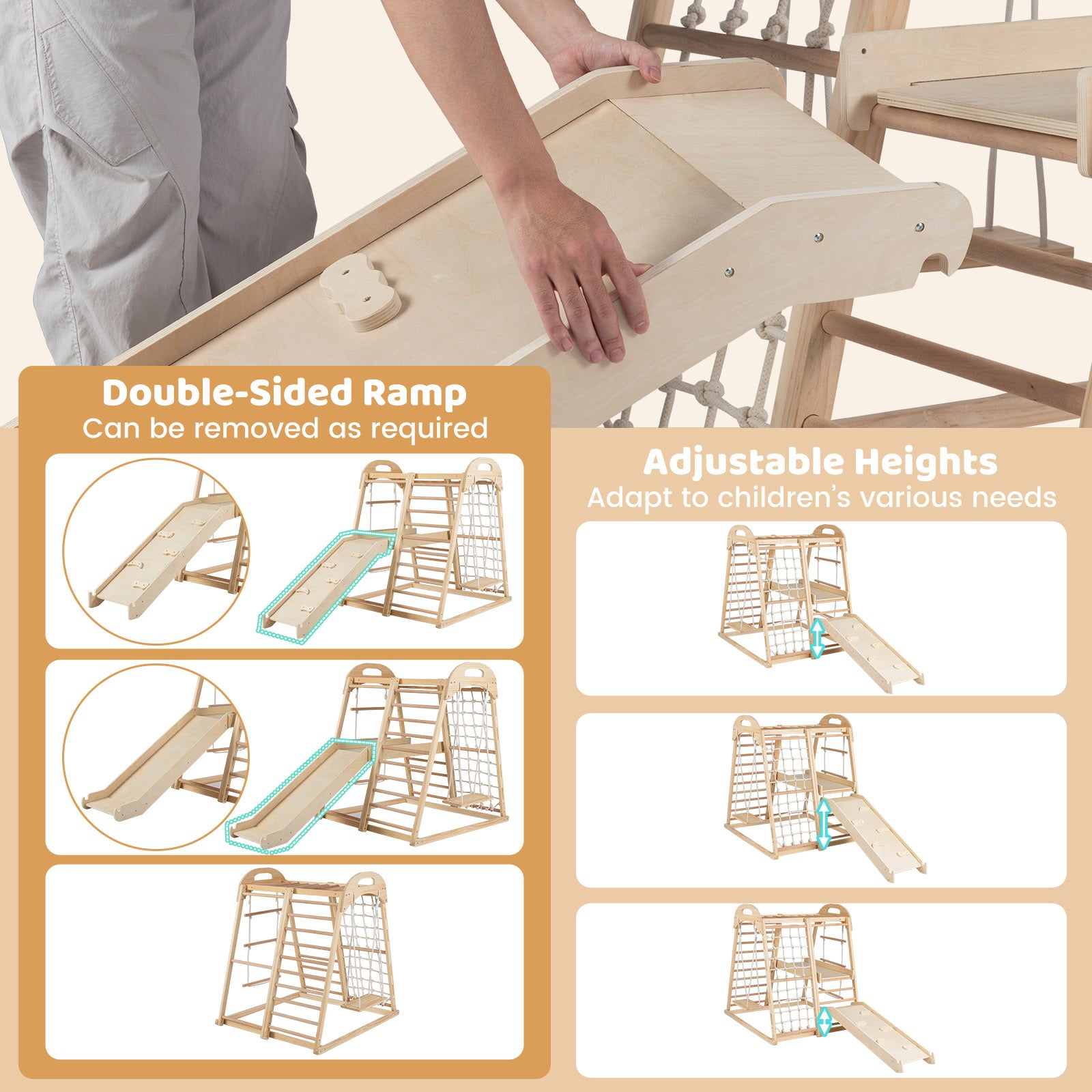 8-in-1 Jungle Gym Wooden Montessori Climber Playset with Slide and Monkey Bar for Kids 3-5 Years Old, Natural Climbers & Slides at Gallery Canada