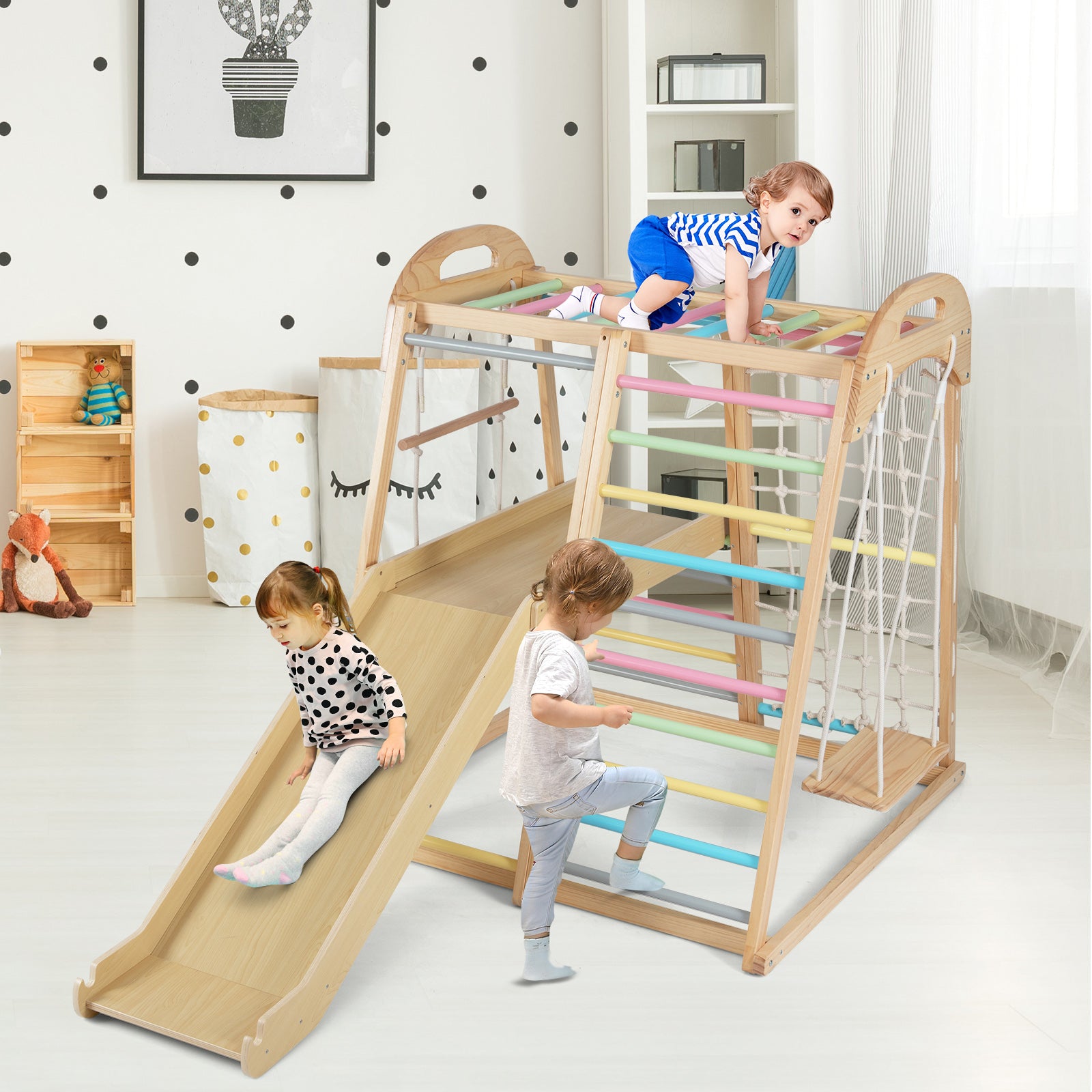 8-in-1 Jungle Gym Wooden Montessori Climber Playset with Slide and Monkey Bar for Kids 3-5 Years Old, Multicolor Climbers & Slides at Gallery Canada