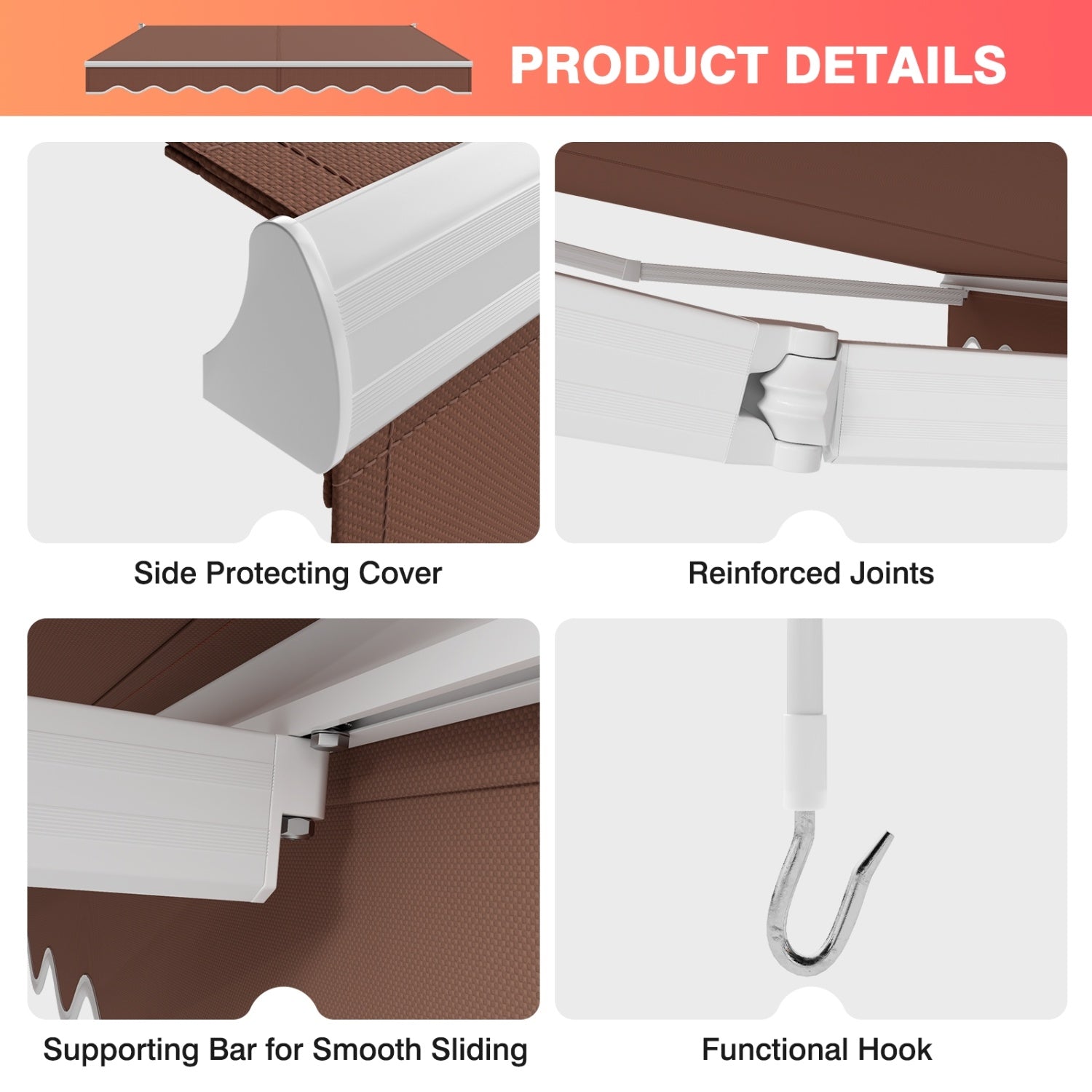 8 x 6.6 Feet Patio Retractable Awning, Manual Crank Handle, Brown Canopies at Gallery Canada