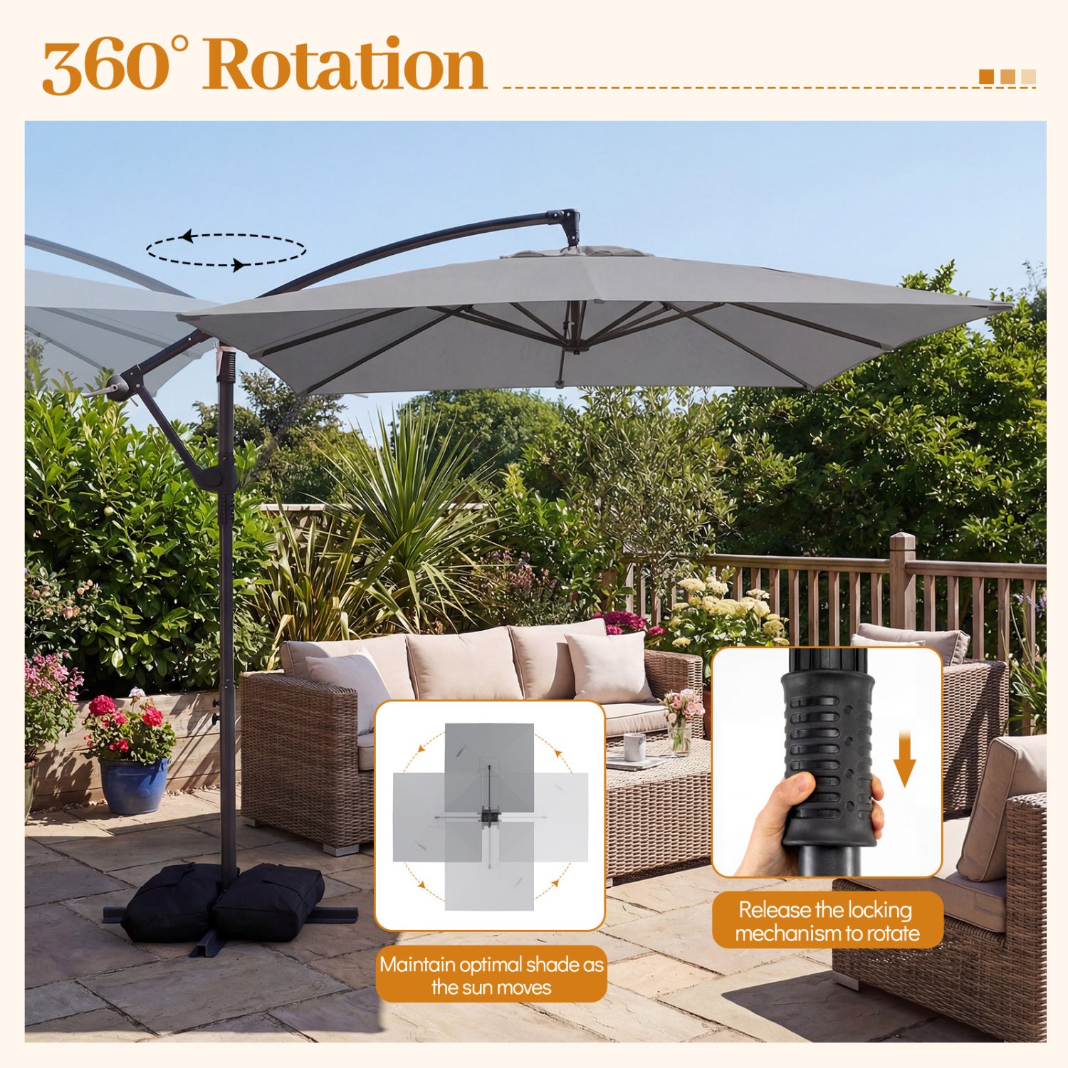 8x8 FT Offset Cantilever Patio Umbrella, 360° Rotation, Gray Outdoor Umbrellas at Gallery Canada