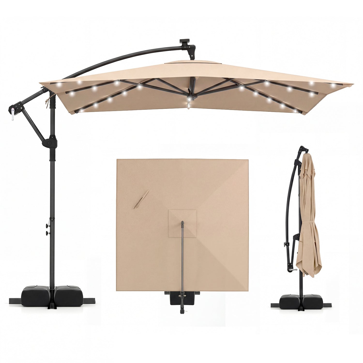 8x8 Ft Solar LED Cantilever Patio Umbrella, 360 Rotation, Rustic Brown Outdoor Umbrellas at Gallery Canada
