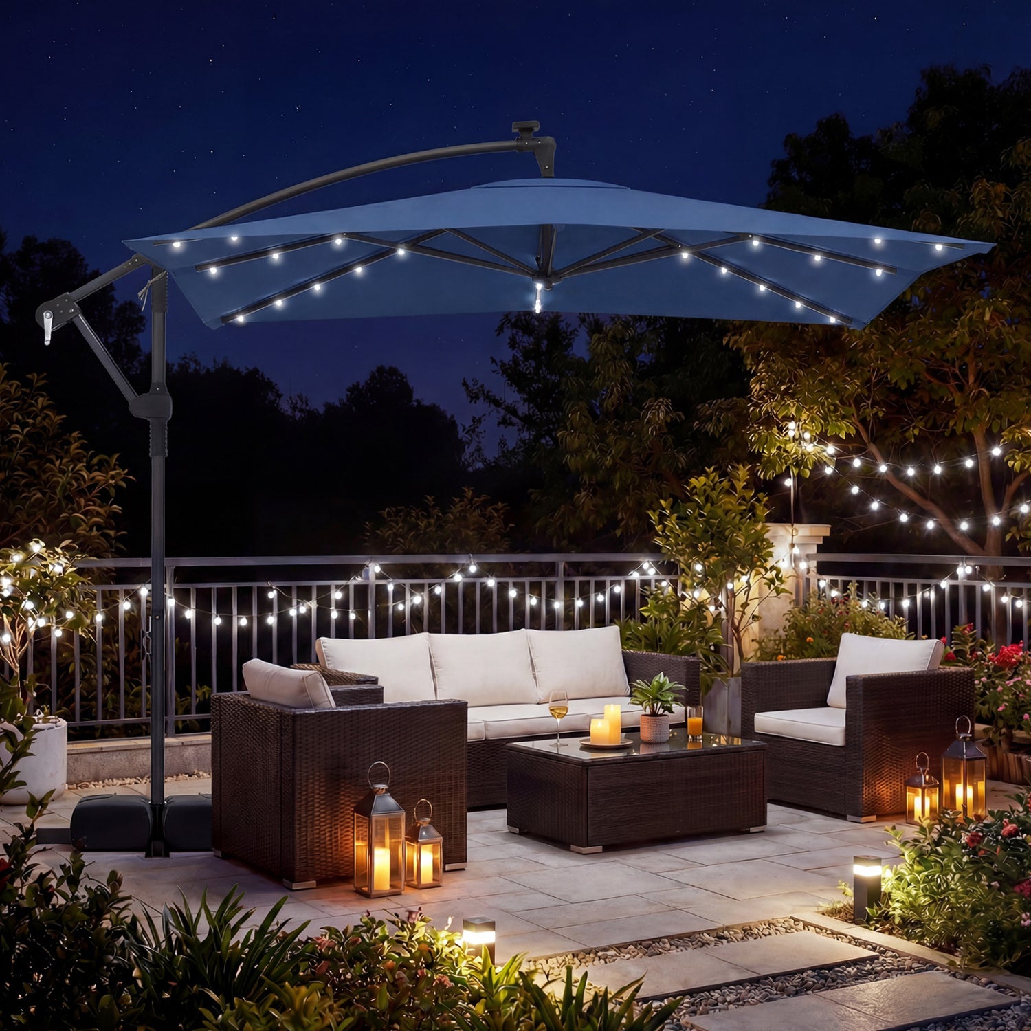 8 x 8 FT Solar LED Cantilever Patio Umbrella, Navy Outdoor Umbrellas at Gallery Canada