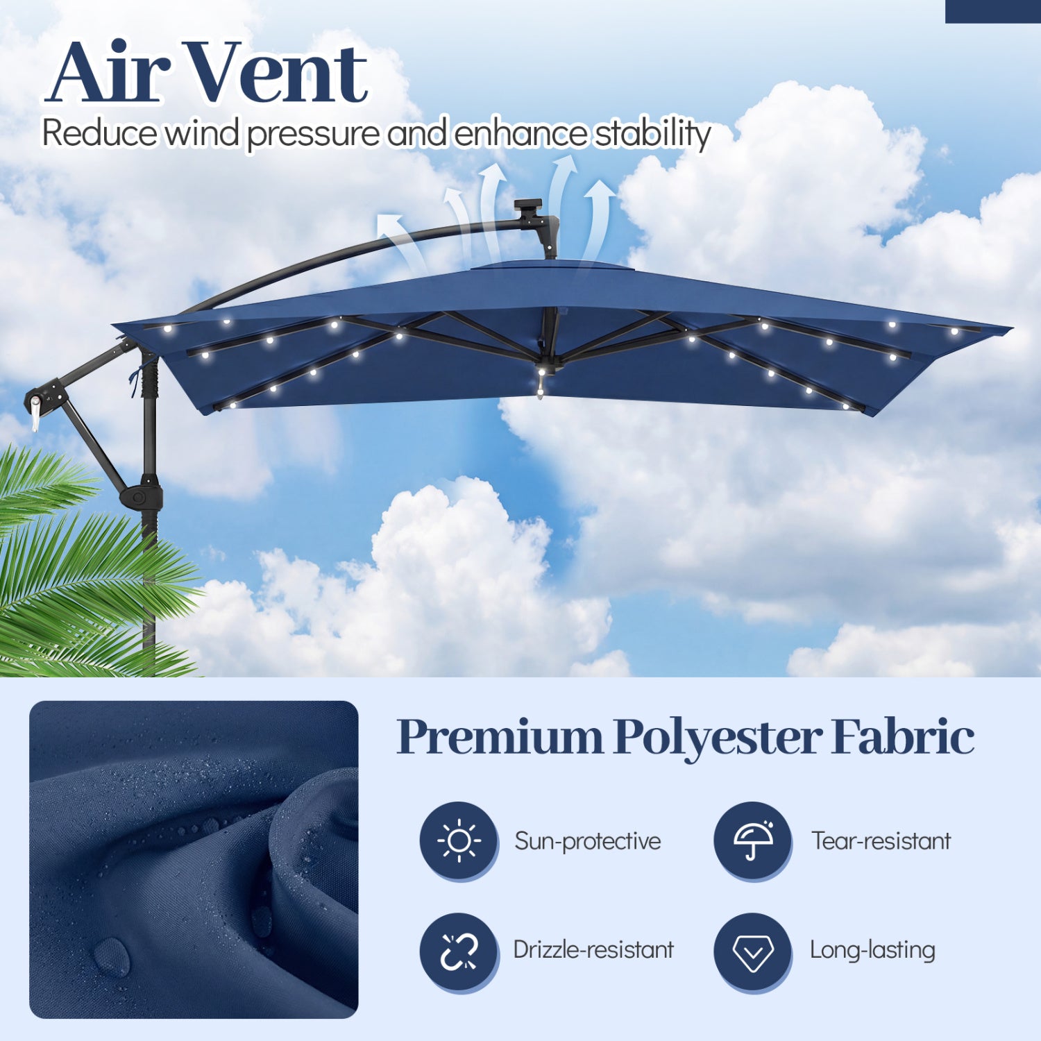 8 x 8 FT Solar LED Cantilever Patio Umbrella, Navy Outdoor Umbrellas at Gallery Canada