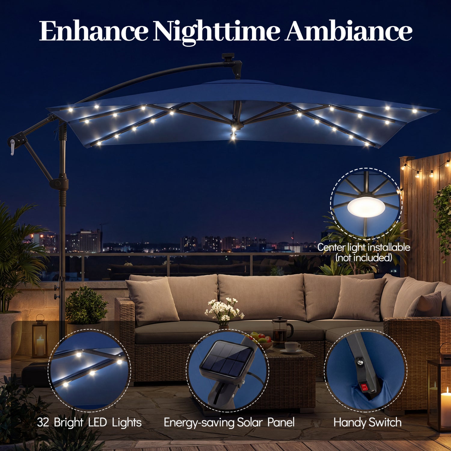 8 x 8 FT Solar LED Cantilever Patio Umbrella, Navy Outdoor Umbrellas at Gallery Canada