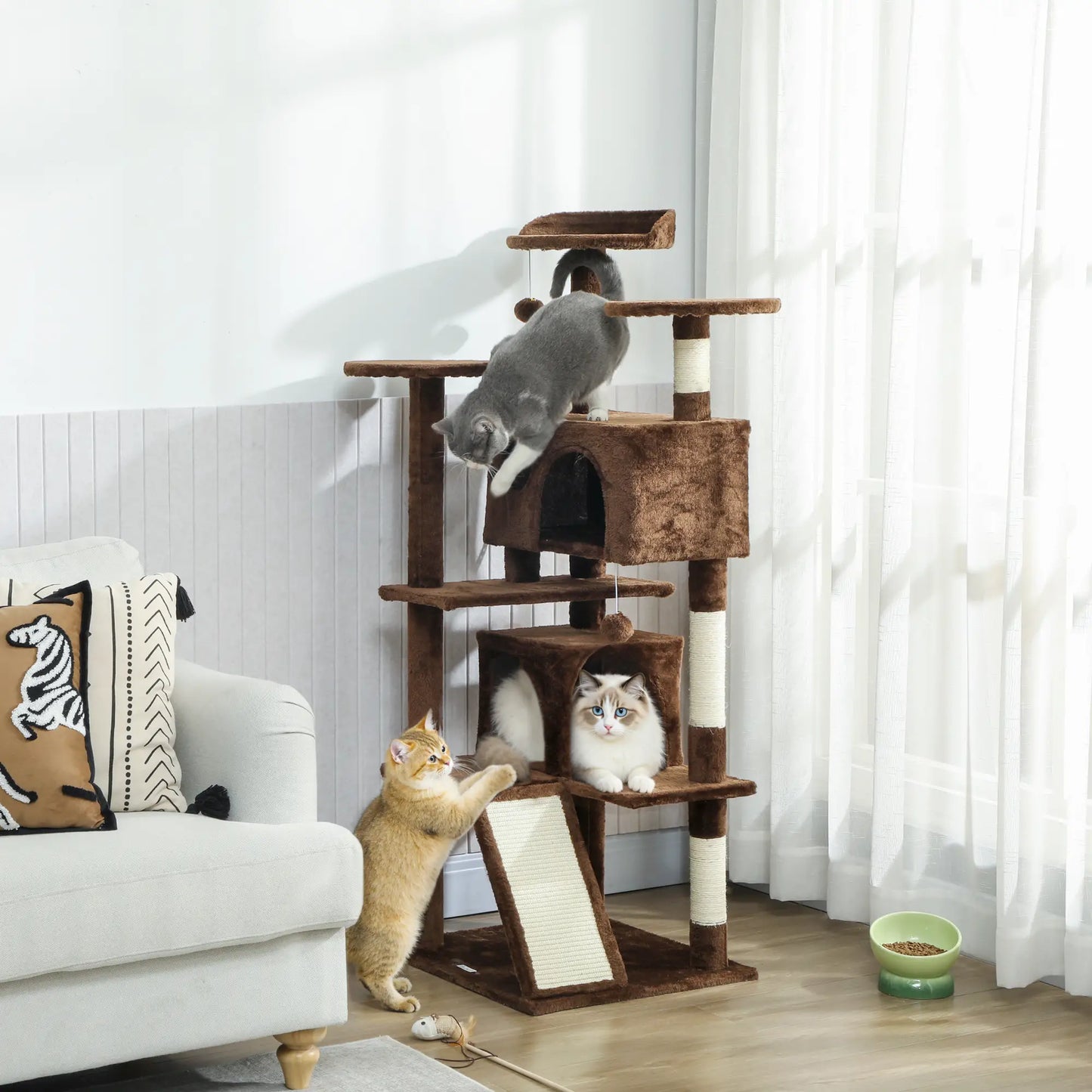 54" Cat Tree, Multi-Level Tower With Scratching Posts, Light Brown Multi-Level Cat Towers at Gallery Canada