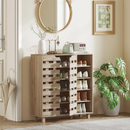 21 Pair Shoe Cabinet, 5-Tier Double Door, 5-Tier Open Shelves, Beige