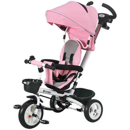 6 in 1 Toddler Tricycle, Parent Push Handle, Canopy, Storage Baskets, Pink