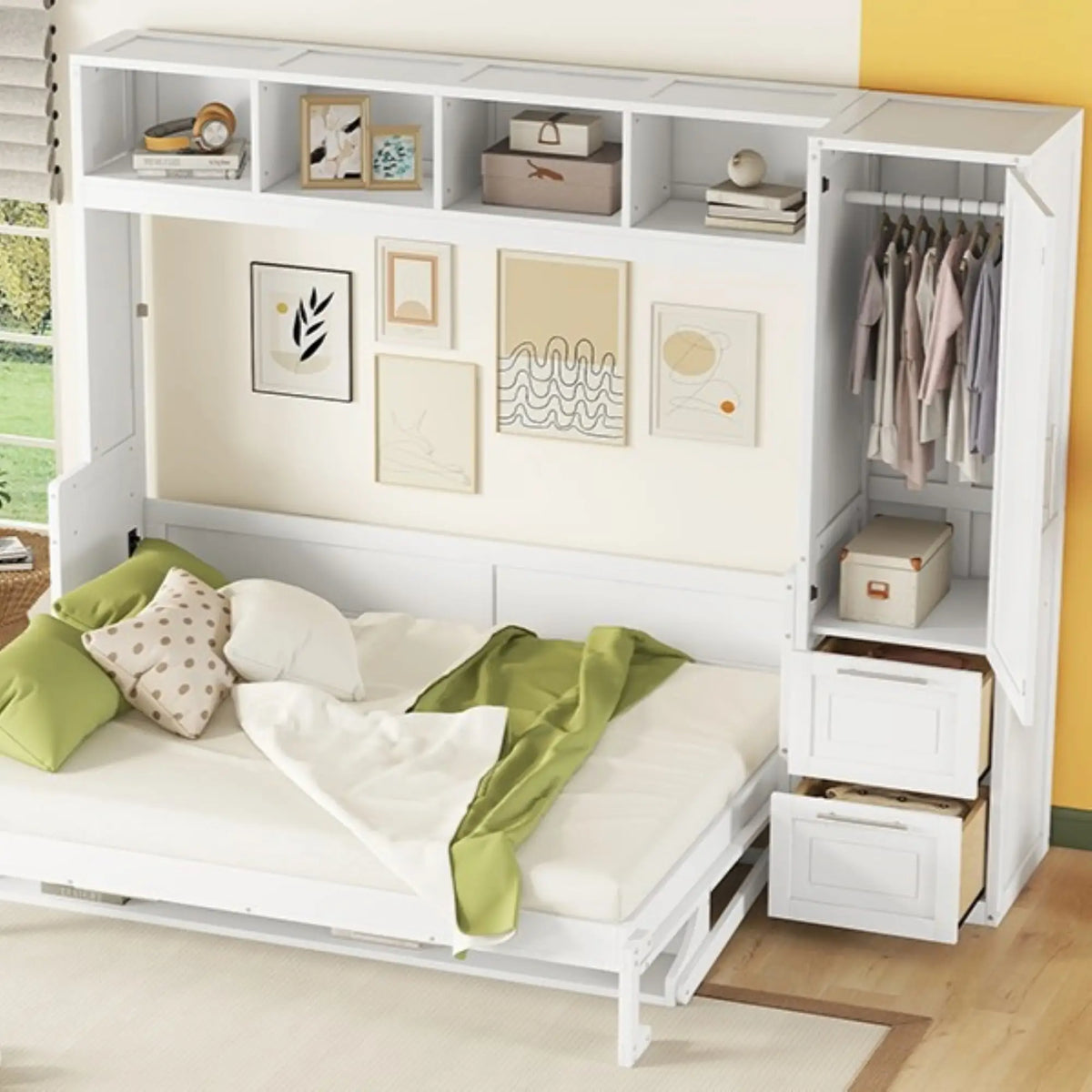 Murphy Bed with Side Flip, Closet, Drawers, 112" L x 21.5" W x 78.5" H, White Bed Frames at Gallery Canada