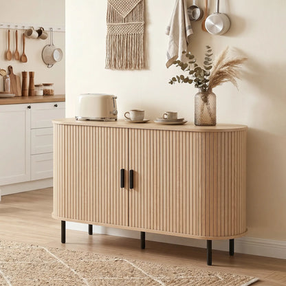 Mid Century Fluted Buffet Cabinet With Sliding Doors, 55", Natural Storage Cabinets at Gallery Canada