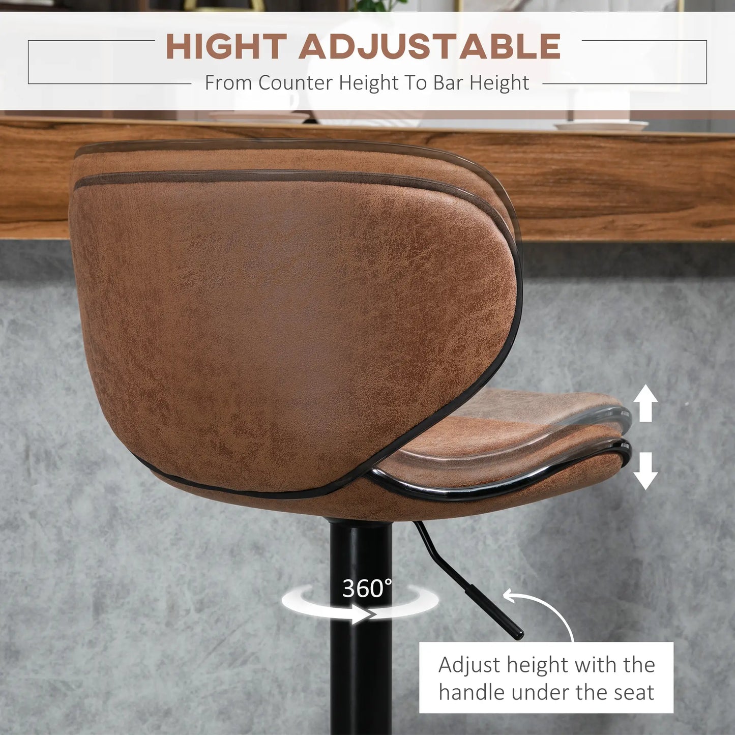 Vintage Set of 2 Adjustable Bar Stools, Swivel Seat, Brown Bar Stools at Gallery Canada