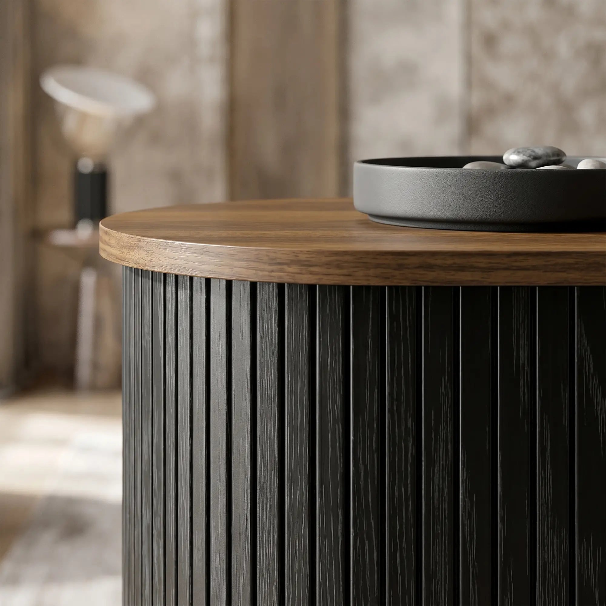 Wood Grain Sideboard With Curved Tambour Doors, Brown Storage Cabinets at Gallery Canada