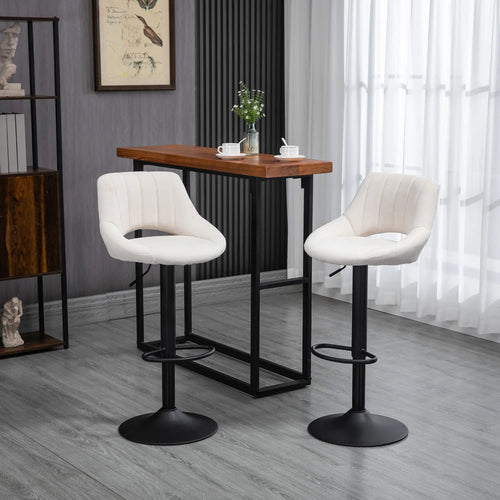 Bar Stools Set of 2, Swivel Counter Height Barstools with Adjustable Height, Linen Upholstered Bar Chairs with Round Metal Base and Footrest, Cream
