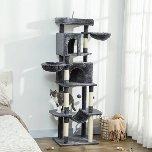 69 Inch Cat Tree, Multi-Level Tower, 2 Condos, Plush Perch, Sisal Posts, Dark Grey