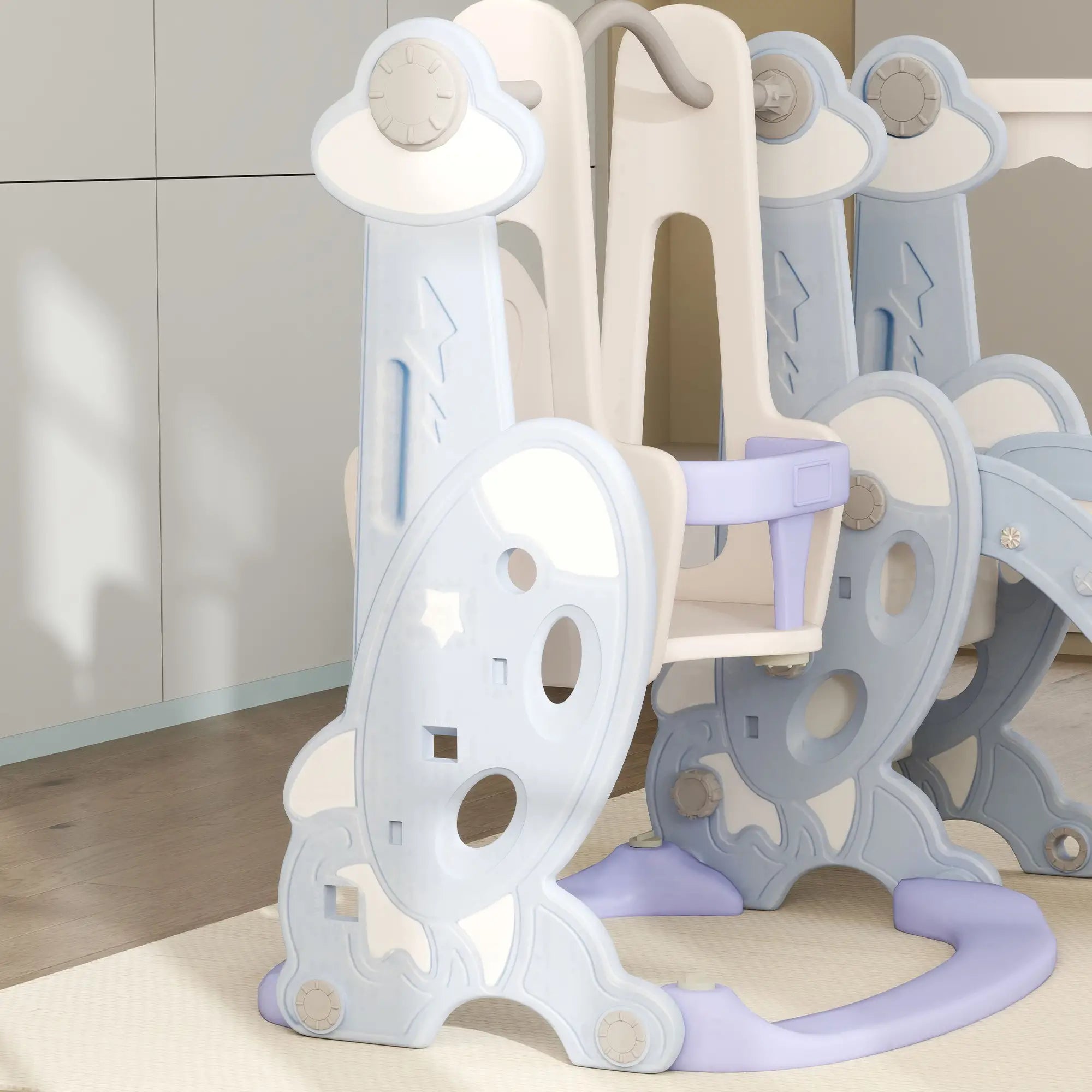4-in-1 Slide Swing Set, Basketball Hoop, Climber, Ages 1.5-4, Rocket Themed, Light Blue Gym Sets & Swings at Gallery Canada