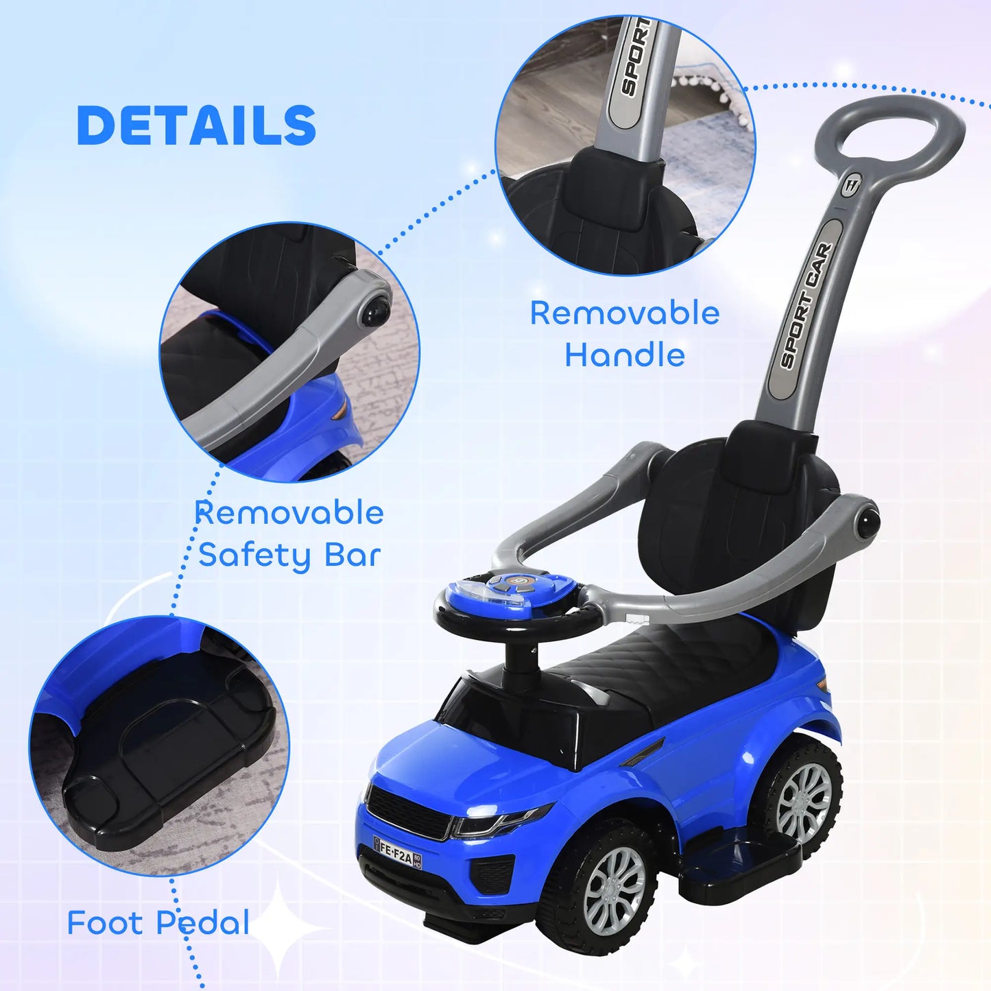 2 in 1 Kid Ride on Push Car Stroller, Sliding Ride on Car with Horn, Music, Light, Secure Bar, Blue Push Cars for Toddlers at Gallery Canada