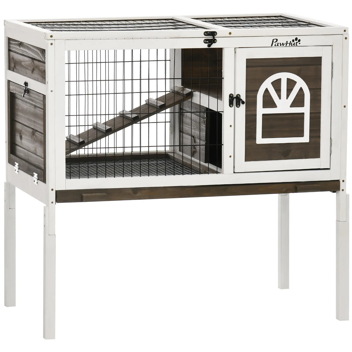 Rabbit Hutch Dual Height Bunny House, Slide Out Tray, White Coffee, White Rabbit Hutch at Gallery Canada