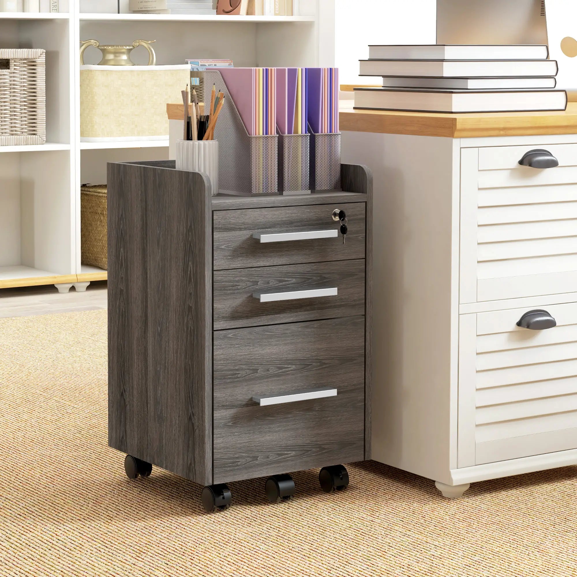 3 Drawer Vertical File Cabinet, Mobile with Lock, Wheels, A4, Letter Size, Grey Office Cabinets & Cupboards at Gallery Canada
