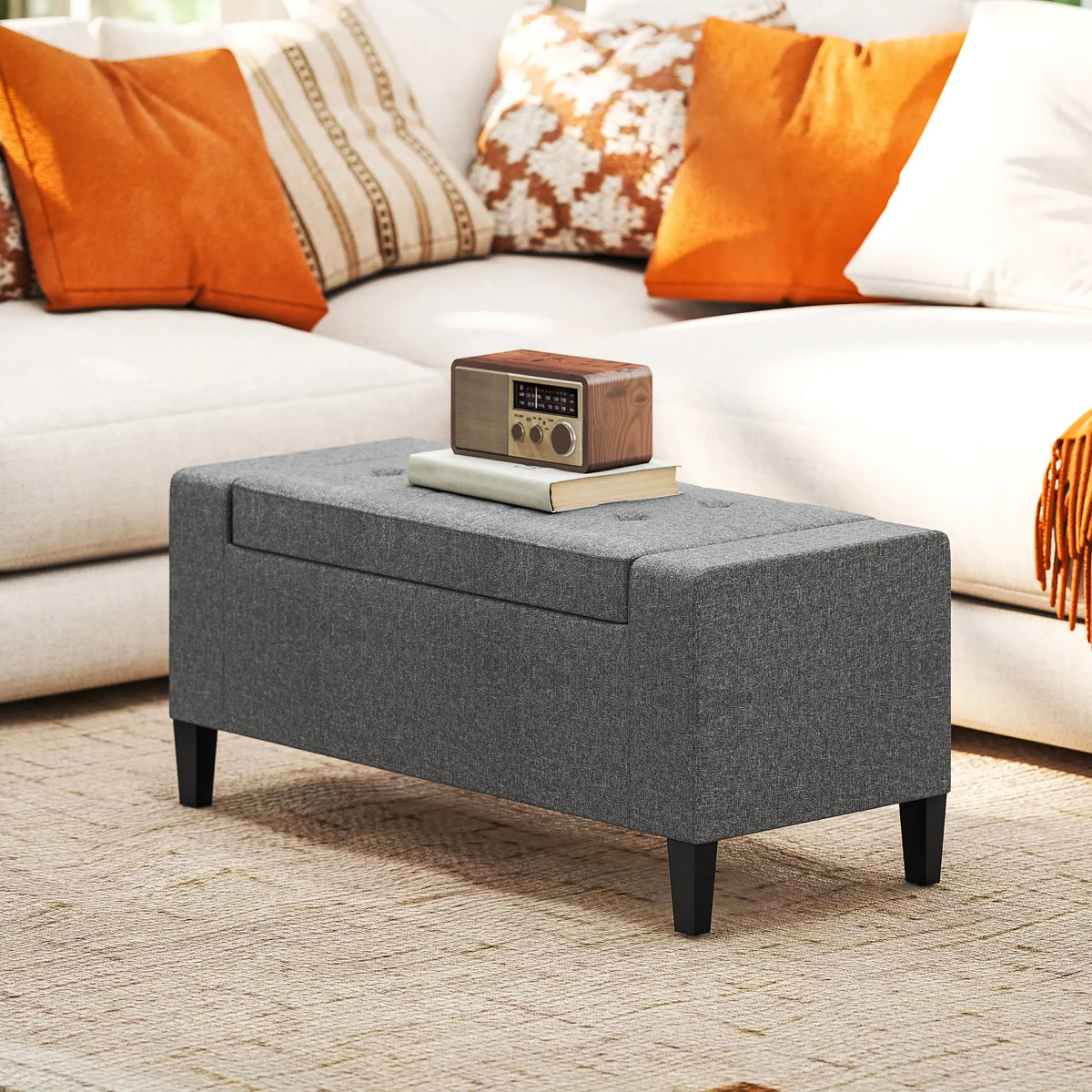 36" Linen-Look Storage Ottoman Bench, Solid Wood Frame, Grey Storage Ottomans & Benches at Gallery Canada