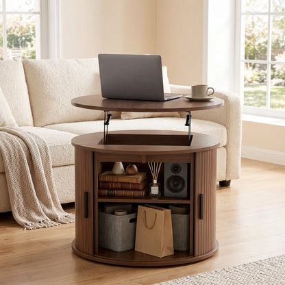 Table basse ronde avec plateau relevable, rangement cannelé, brun noyer, brun noyer
