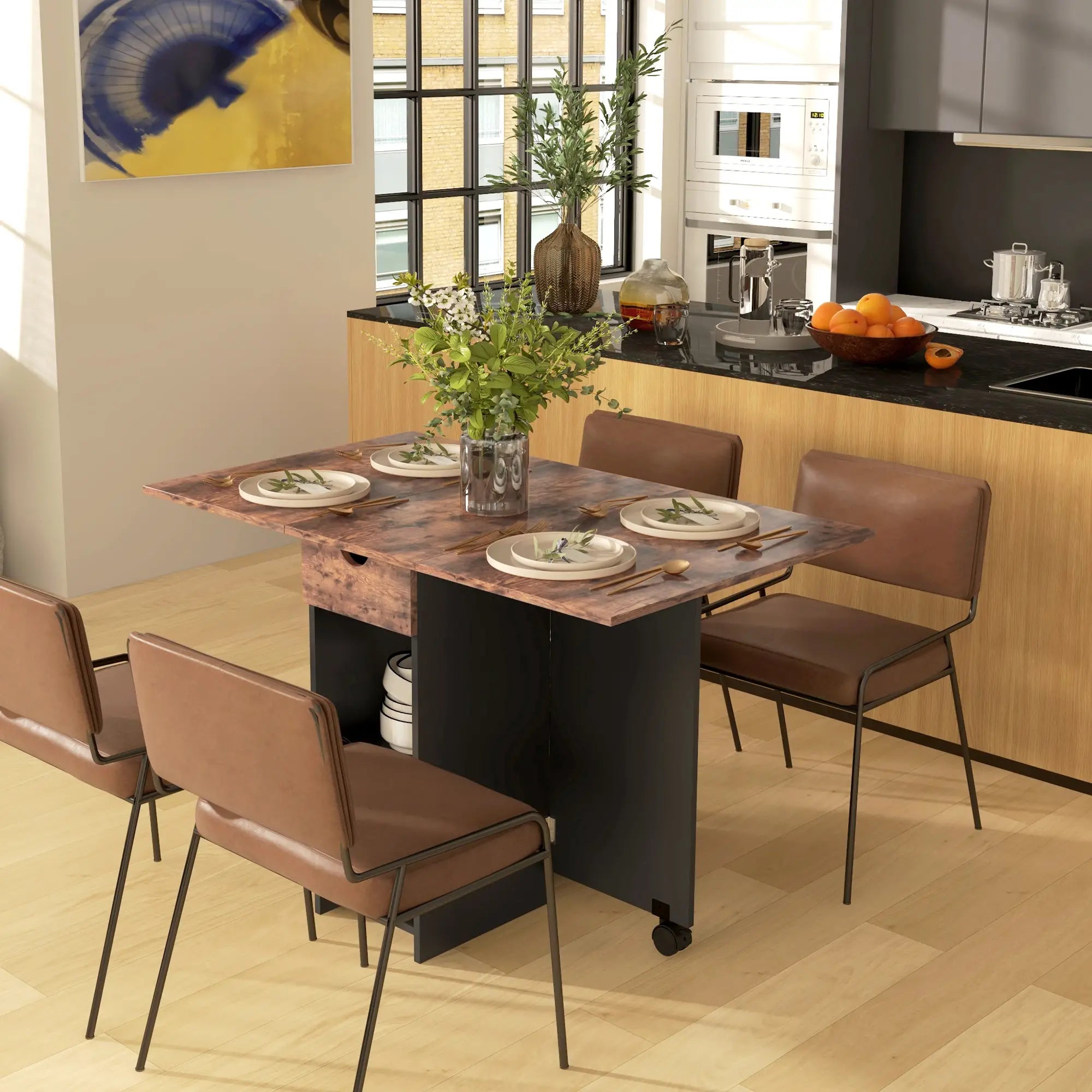 Folding Dining Table, Drop Leaf with Drawer, Shelves, Rustic Brown, Brown Bar Tables & Dining Tables at Gallery Canada