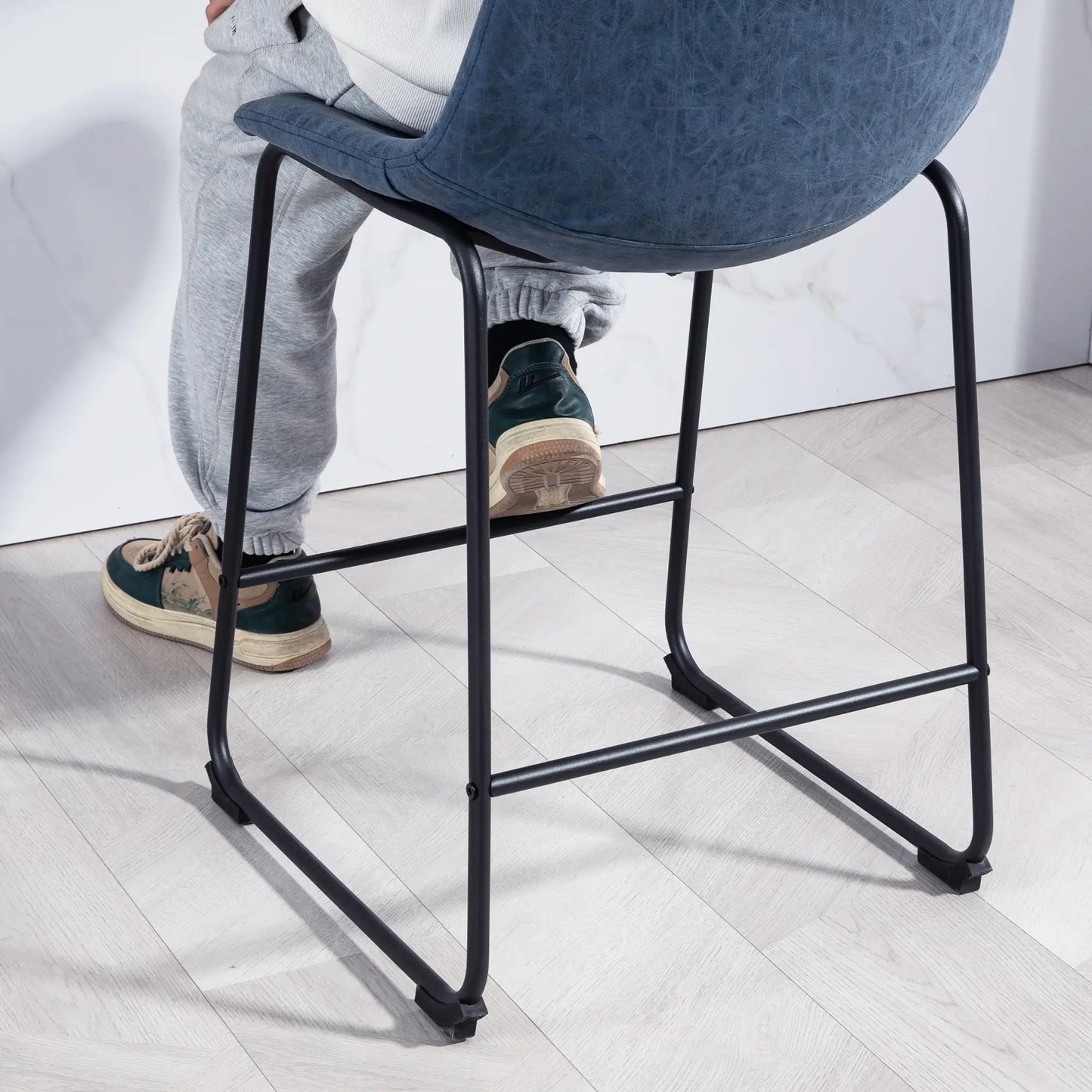 Vintage PU Leather Bar Stools, Set of 2, w/ Footrest, Blue Bar Stools at Gallery Canada