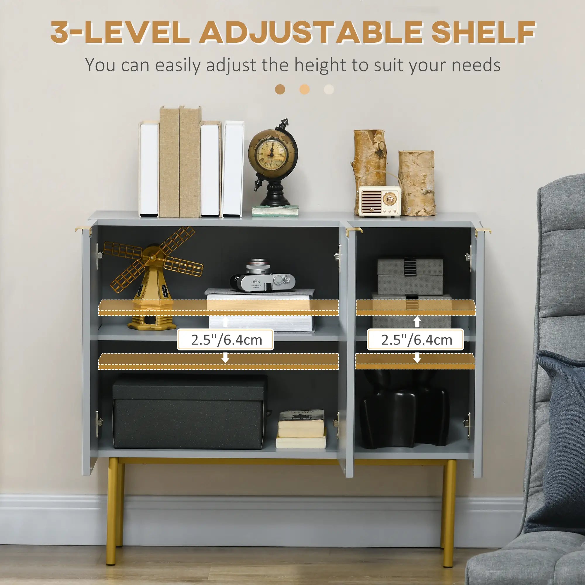 Modern Storage Cabinet, Sideboard Buffet, Gold Legs, Grey Storage Cabinets at Gallery Canada