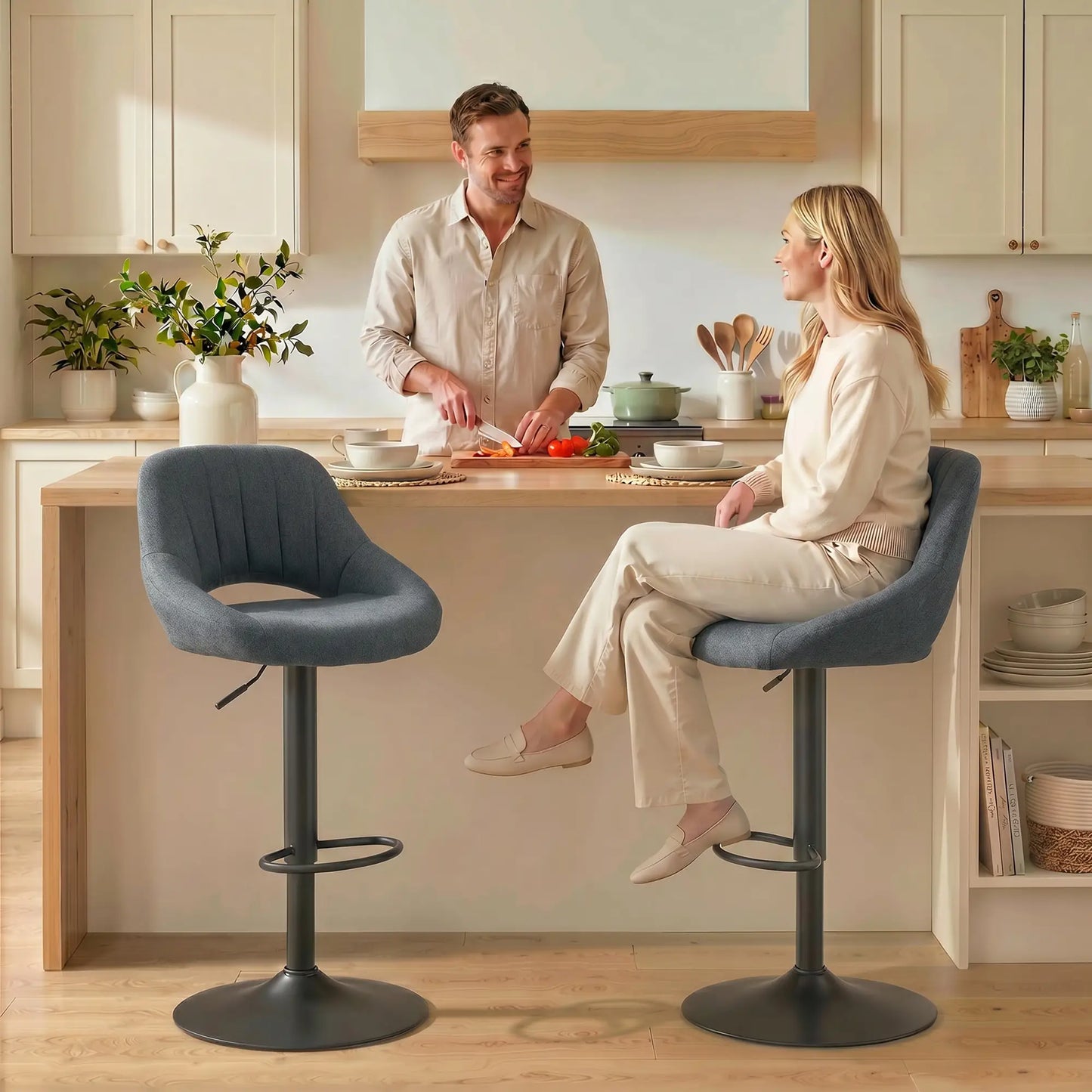 Linen Upholstered Counter Swivel Bar Stools Set of 2, Round Metal Base Bar Stools at Gallery Canada