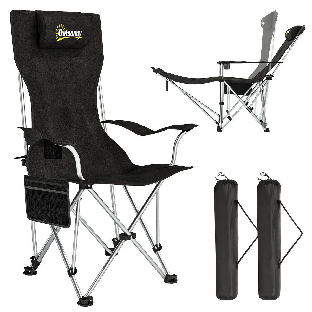 Set of 2 Reclining Camping Chairs with Foot Rest, Headrest, Cup Holder, Storage Bag, Black Picnic Tables & Camping Chairs at Gallery Canada
