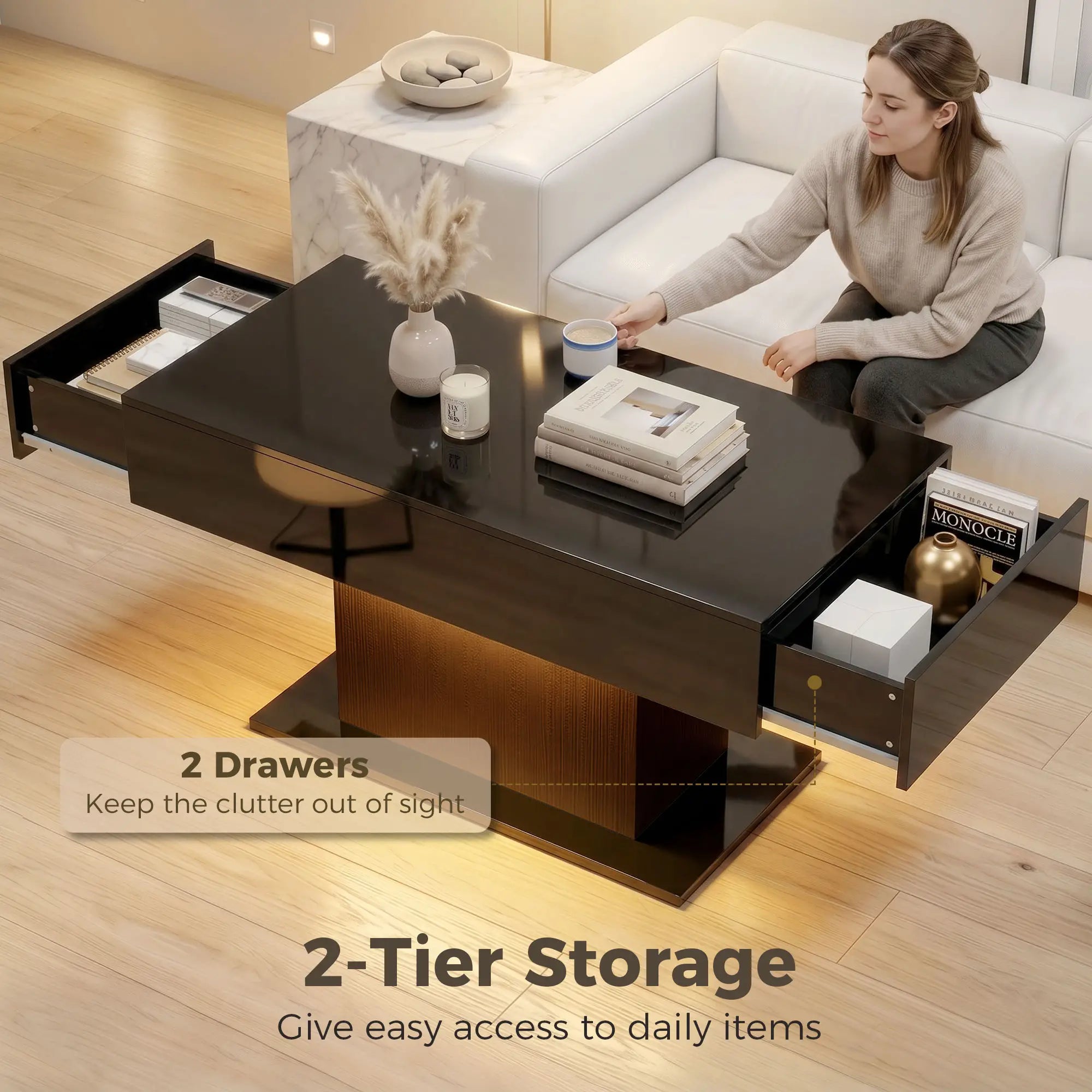 LED Coffee Table with Storage, High Gloss Modern Center Table with 2 Drawers and Remote Control for Living Room, Black Coffee Tables at Gallery Canada