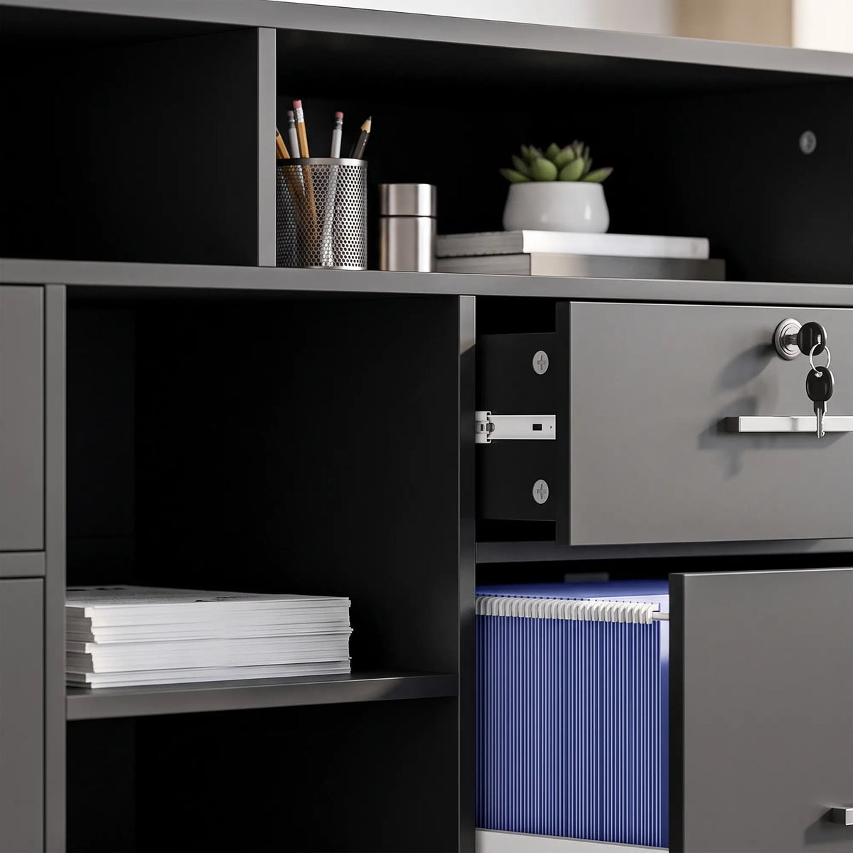 Filing Cabinet Locking Drawers Open Shelves 5 Casters, Black Office Cabinets & Cupboards at Gallery Canada