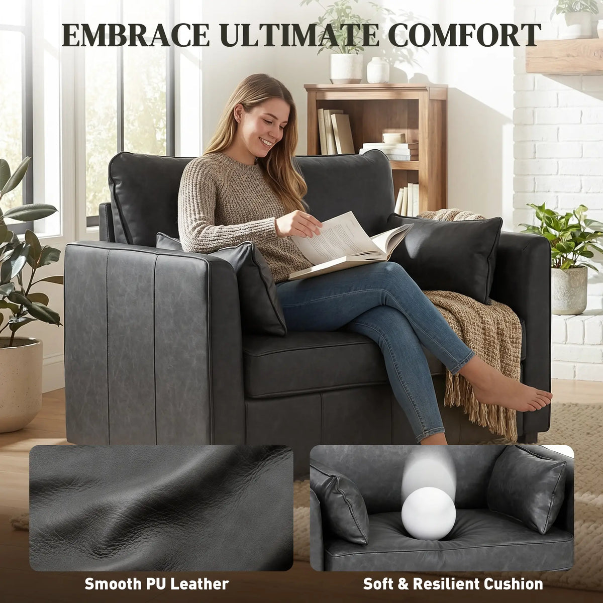 PU Leather Armchair, Wide Seat, Spring Cushion, Rubberwood Legs, Black Single Sofas at Gallery Canada