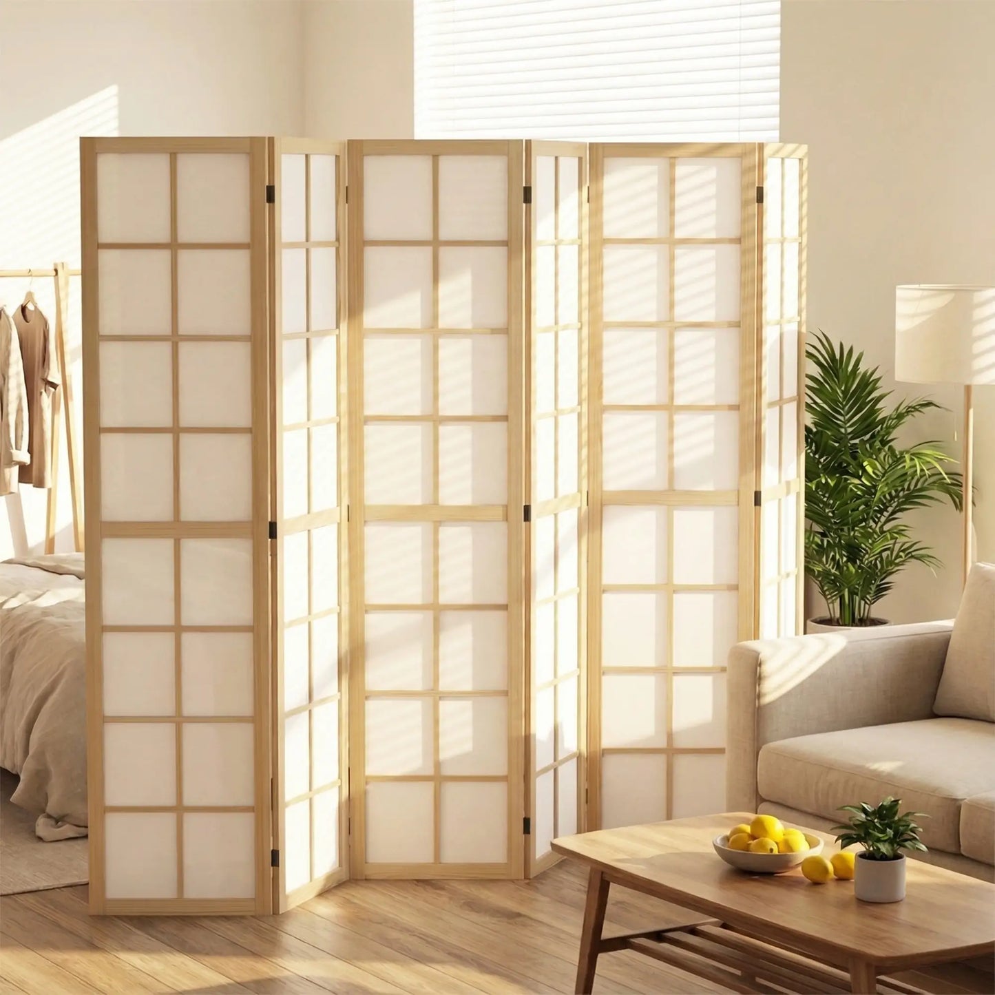 6 Panel Room Divider, 5.6 ft, Natural Wood, Folding Wall Partition Room Dividers at Gallery Canada