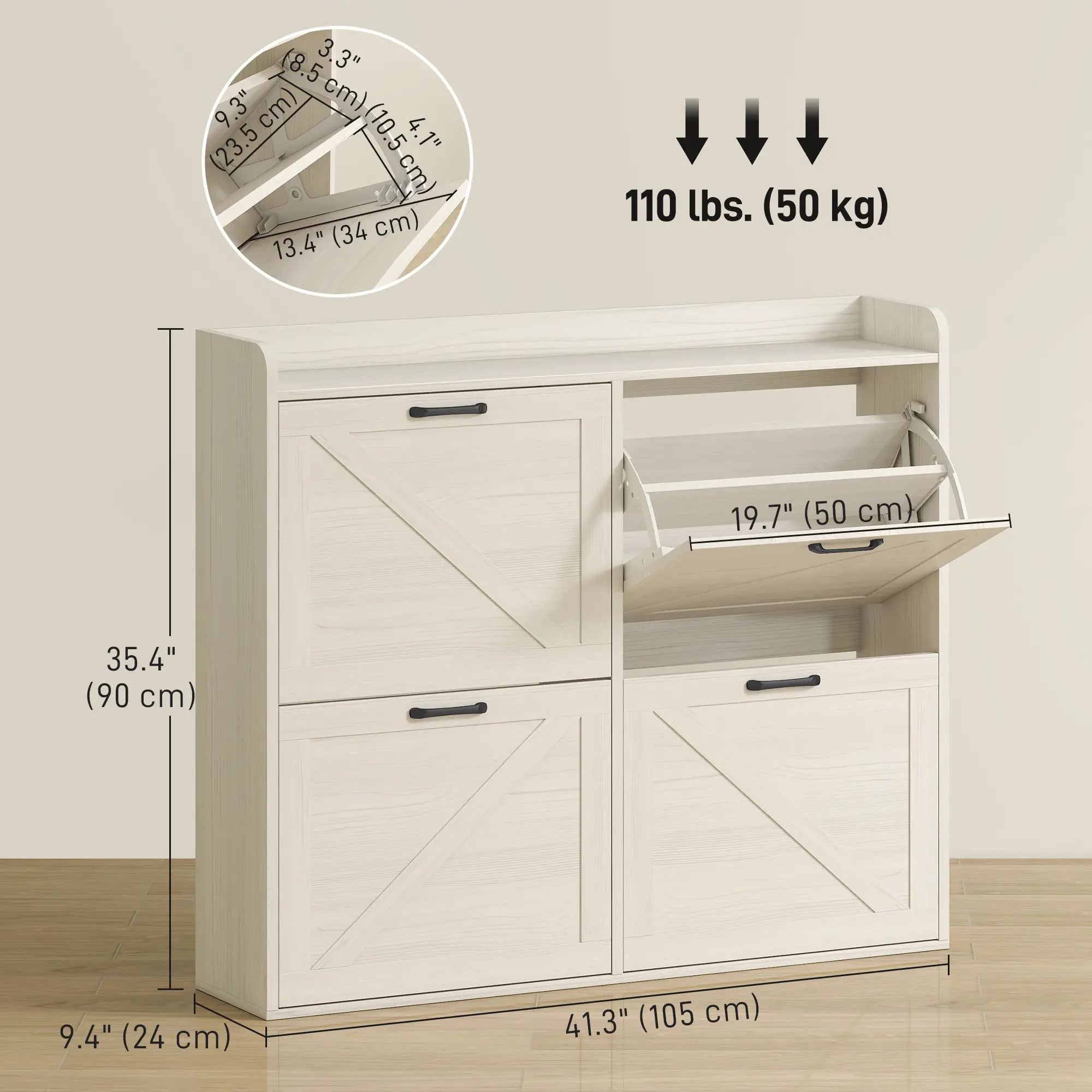 Narrow Shoe Storage Cabinet, 4 Flip Drawers, Adjustable Shelves, 16 Pair, White Oak Shoe Storage Cabinets & Racks at Gallery Canada