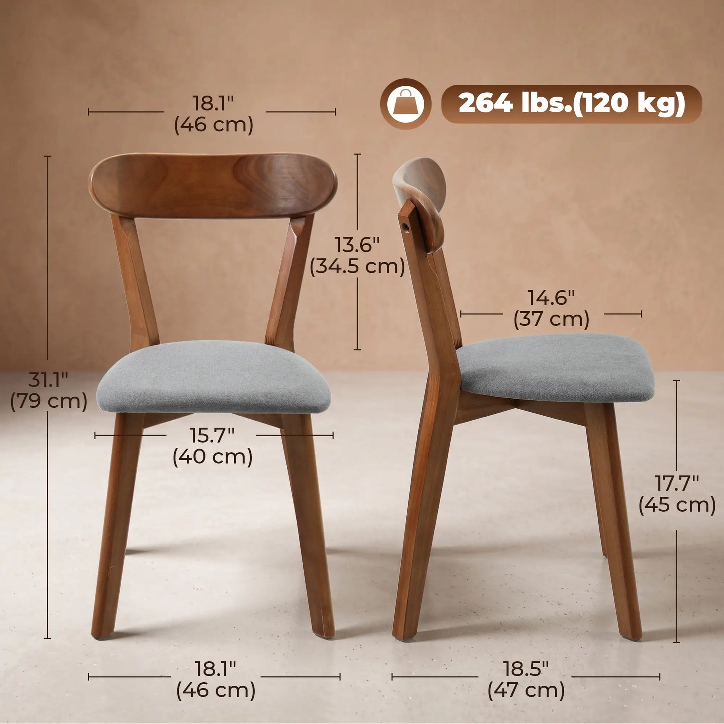 Upholstered Linen-Look Dining Chairs, Rubberwood Legs, Set of 2, Grey & Brown