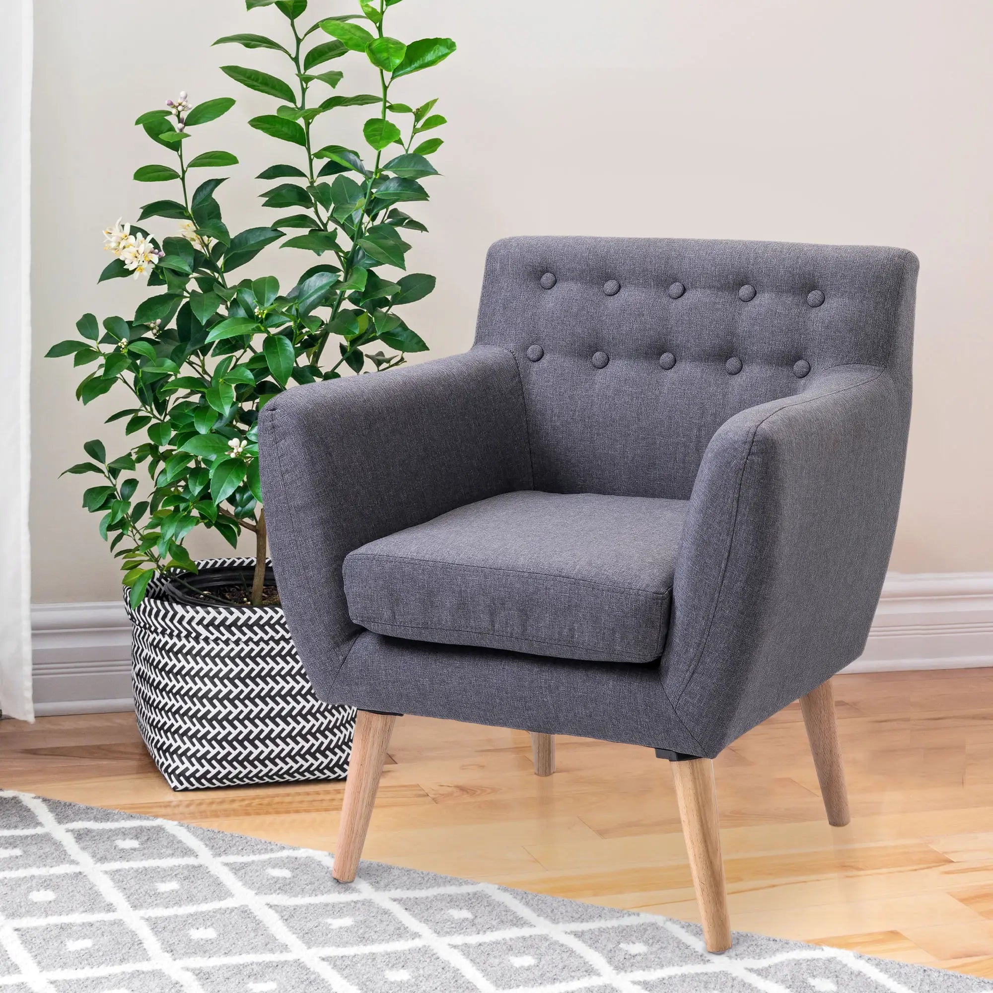 Mid-Century Modern Linen Armchair, Wood Frame, Thick Padding, Light Grey Accent Chairs at Gallery Canada