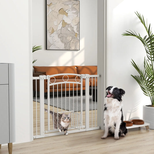 30" Extra Tall Dog Gate With Cat Door, 2 Extension Kits, 30"-41" Width Houses, Kennels & Pens White at Gallery Canada
